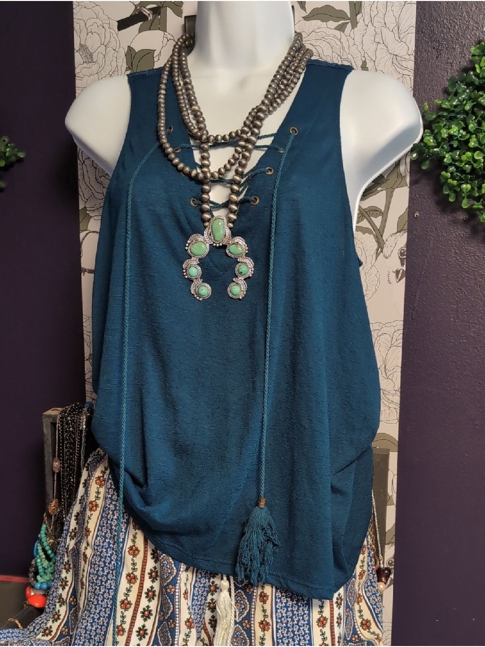 Boho Comfy Lace And Lace Up Top & Wide Leg Pants Combo
